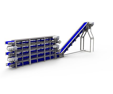 Blue and white conveyor belt with a white background