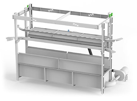White metal rack with three shelves and a green handle