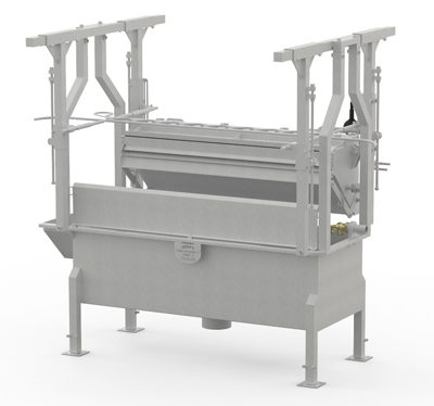 White-colored machine with a large metal structure on top of it, which is a vertical vibrating screen