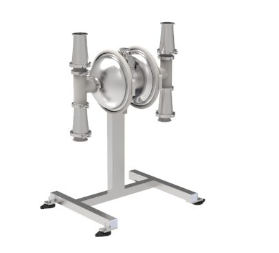 Stainless steel double diaphragm pump on a stand with a white background