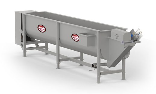 Large metal container with a white background and a red and white sign on it