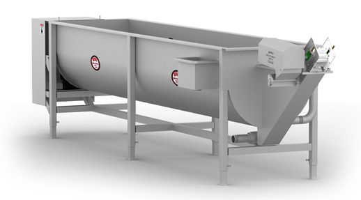 Large metal container with a white background and a red and white logo on it