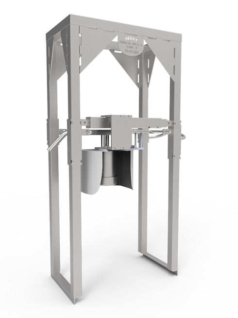 Metal stand with a white background and a machine sitting on top of it