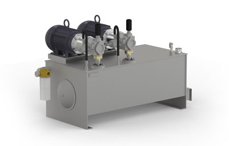 3D model of a hydraulic pump with a motor and a pressure gauge on top of it