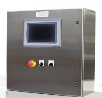 Stainless steel machine with a red button on top of it, sitting on a white surface