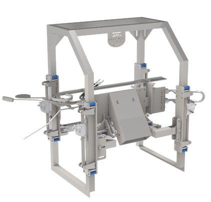 White-colored machine with a metal frame and a white background