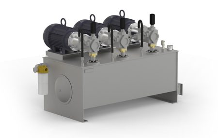 3D model of a hydraulic pump with four valves on top of it, set against a white background