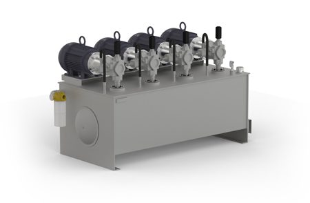 3D illustration of a stainless steel pump with four valves on top of it, set against a white background