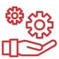 Red gears above an open palm illustration