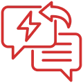 Red speech bubble with a lightning bolt in the middle, set against a white background