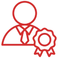 Red icon of a person wearing a tie and holding a rosette, symbolizing a job seeker icon