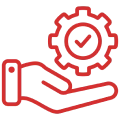 Hand holding a red gear with a check mark on it, indicating that it is a tool for automation icon